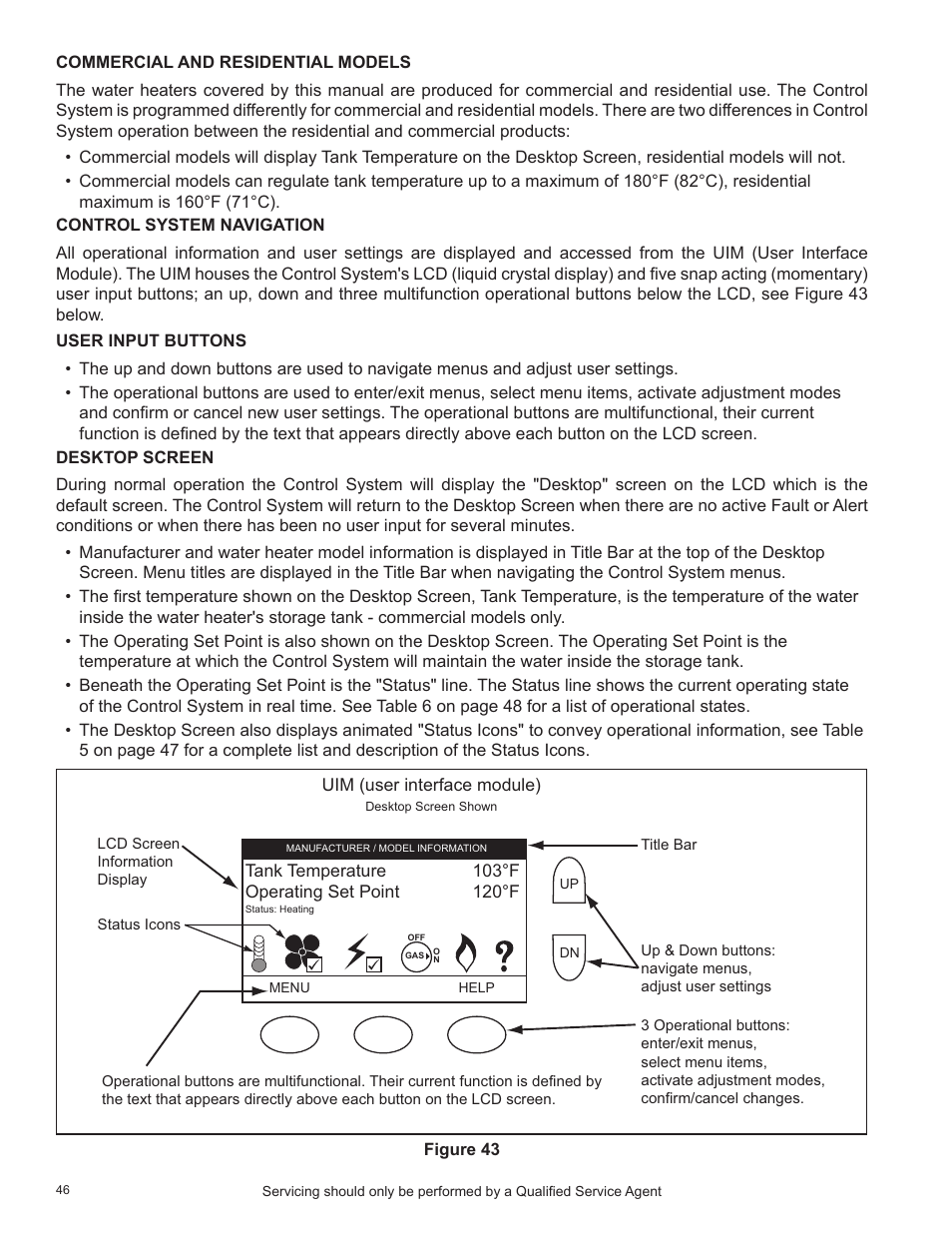 Commercial and residential models, Control system navigation, User input buttons | Desktop screen | State Industries SHE50-100PE User Manual | Page 48 / 72