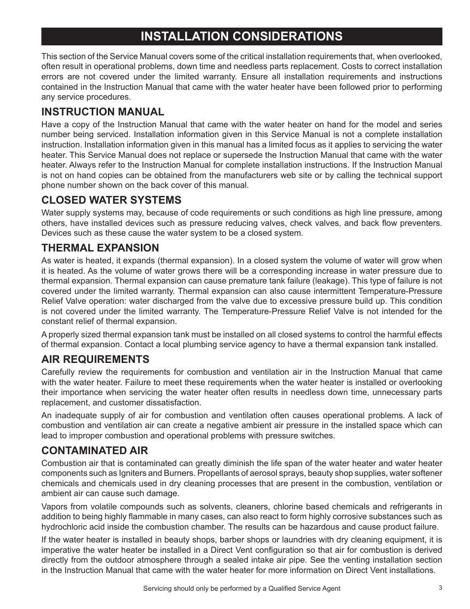 Installation considerations, Instruction manual, Closed water systems | Thermal expansion, Air requirements, Contaminated air | State Industries SHE50-100PE User Manual | Page 5 / 72