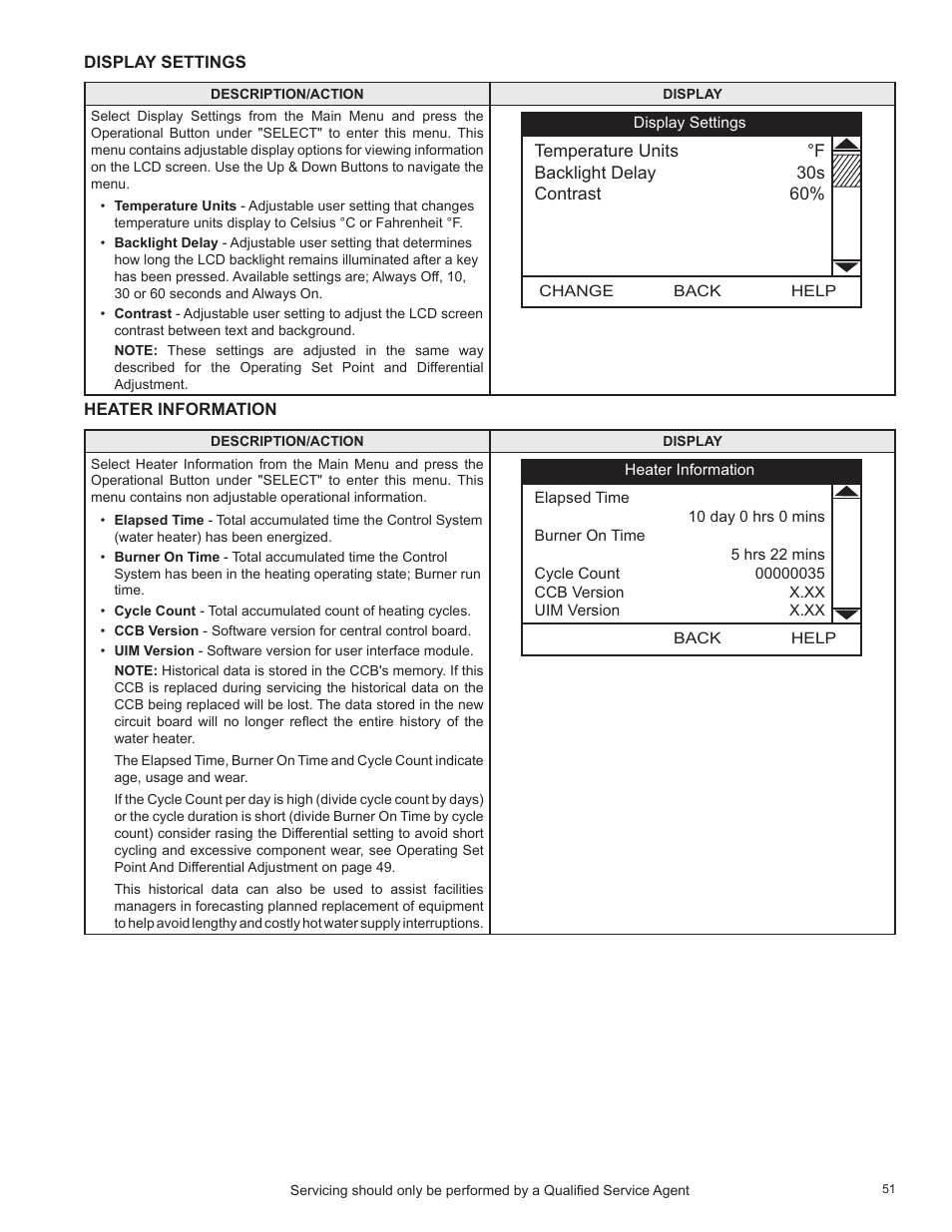 Display settings, Heater information, Display settings heater information | State Industries SHE50-100PE User Manual | Page 53 / 72