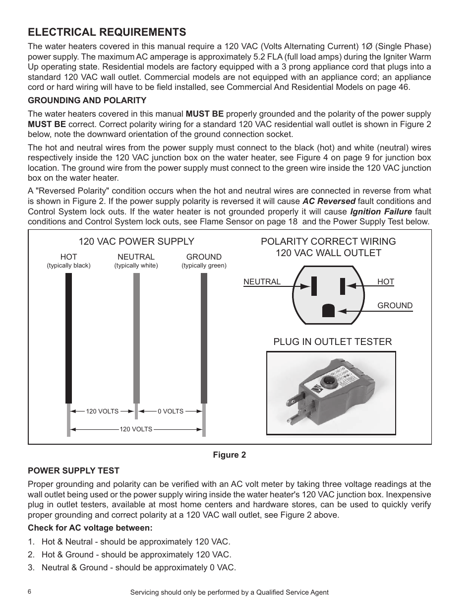 Electrical requirements, Grounding and polarity, Power supply test | Grounding and polarity power supply test | State Industries SHE50-100PE User Manual | Page 8 / 72