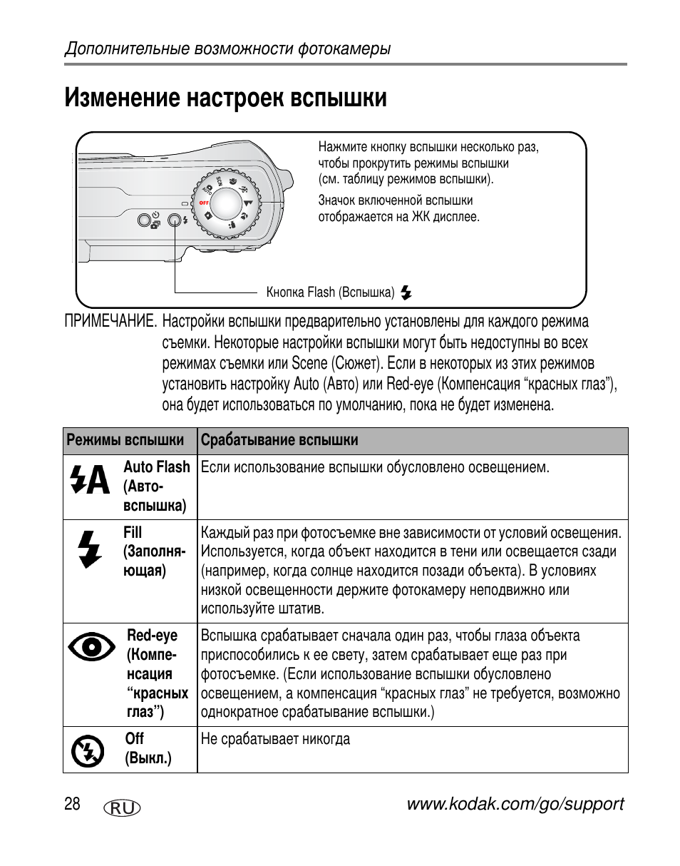 Изменение настроек вспышки | Kodak C340 User Manual | Page 34 / 83