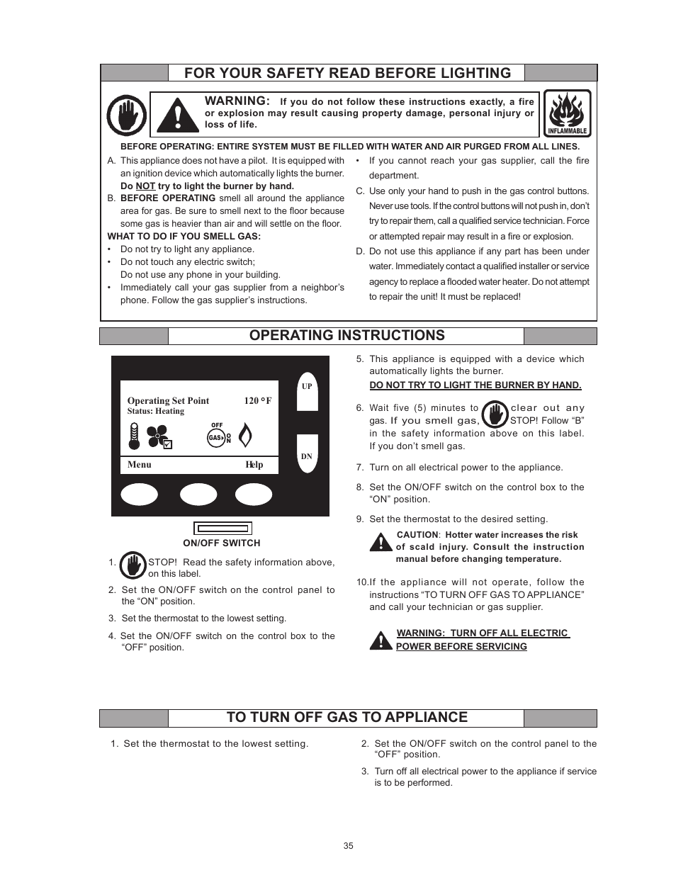 Operating instructions, Warning | State Industries Premier Power Vent DV Series GP6 50 HTPDT 121 Series User Manual | Page 35 / 60