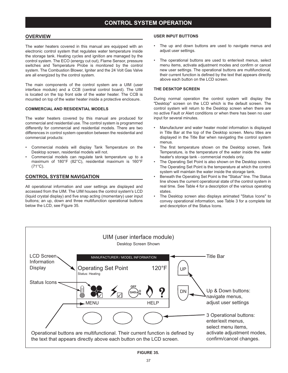 Operating set point 120°f, Uim (user interface module), Control system operation | State Industries Premier Power Vent DV Series GP6 50 HTPDT 121 Series User Manual | Page 37 / 60