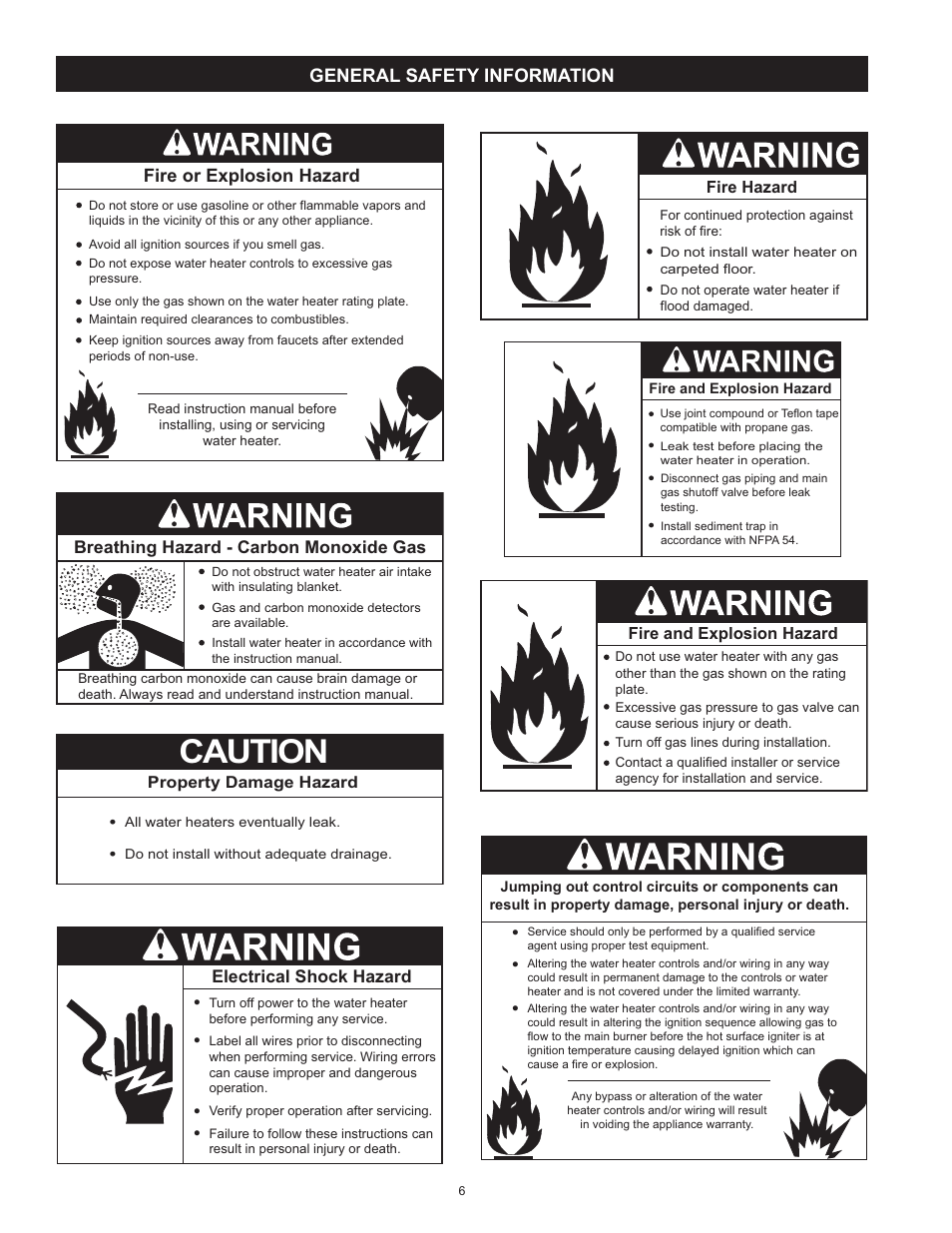 Caution, Fire or explosion hazard, General safety information | Breathing hazard - carbon monoxide gas, Electrical shock hazard | State Industries Premier Power Vent DV Series GP6 50 HTPDT 121 Series User Manual | Page 6 / 60