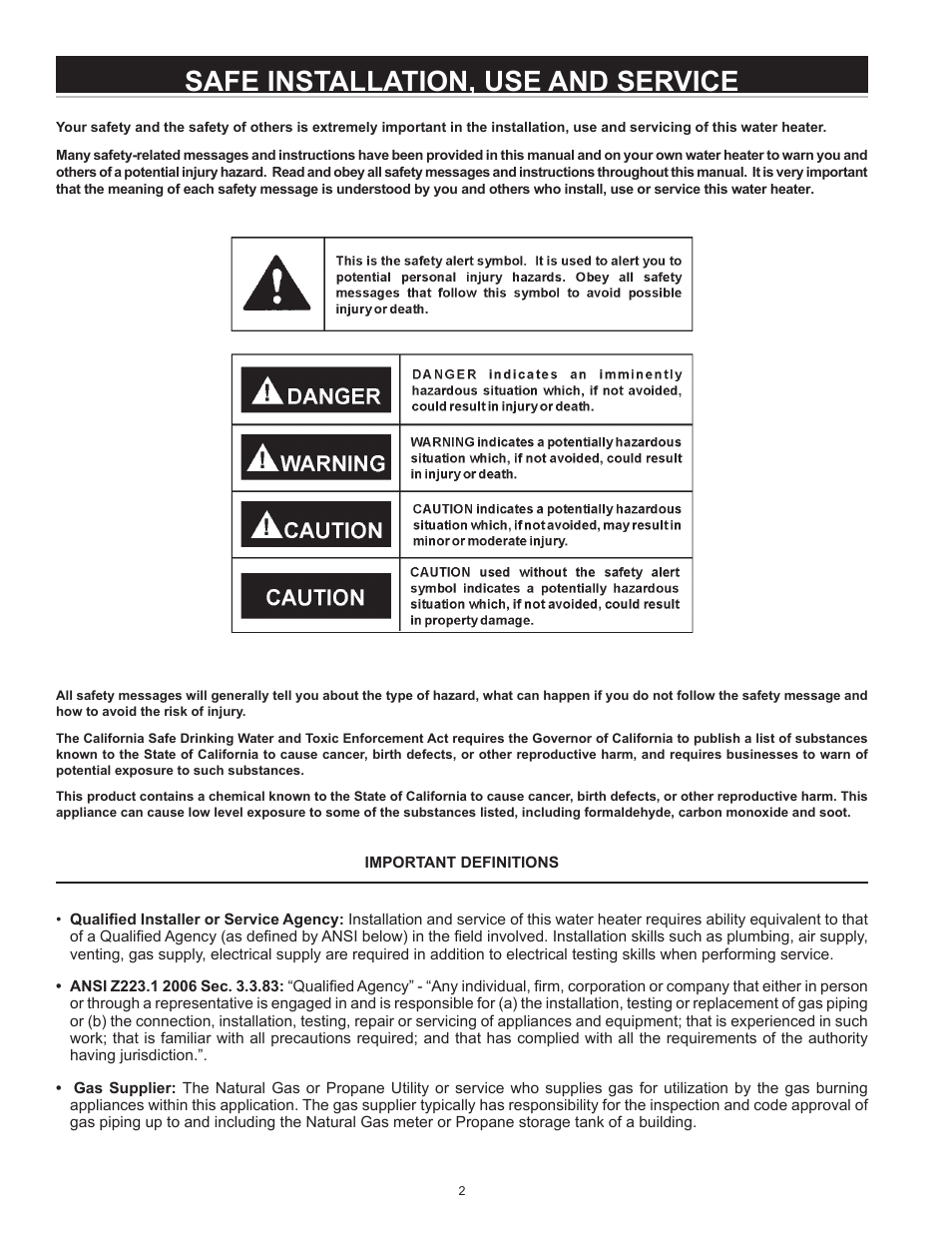 Safe installation, use and service | State Industries Power Vent/Power Direct Vent Gas Models User Manual | Page 2 / 44