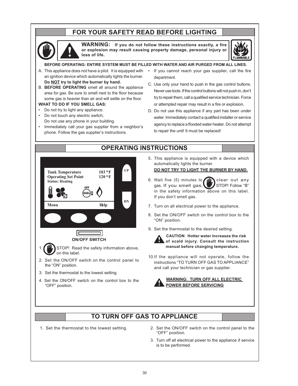 Operating instructions, Warning | State Industries Power Vent/Power Direct Vent Gas Models User Manual | Page 30 / 44