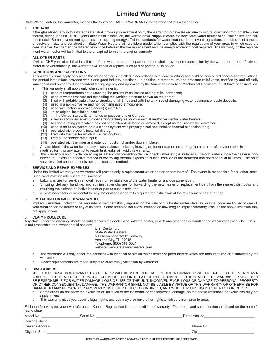 Limited warranty | State Industries Power Vent/Power Direct Vent Gas Models User Manual | Page 43 / 44