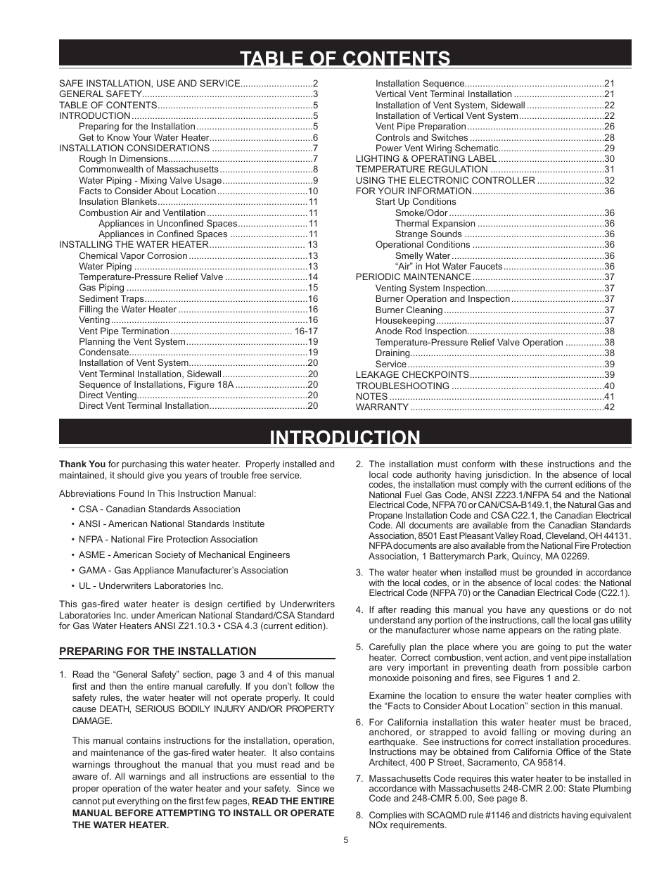 Introduction table of contents | State Industries Power Vent/Power Direct Vent Gas Models User Manual | Page 5 / 44