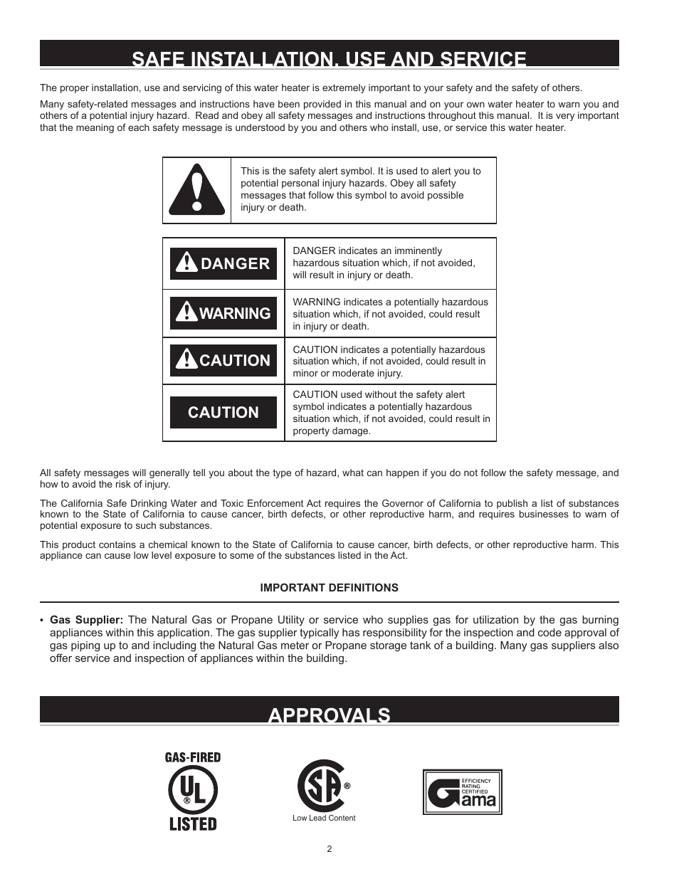 Safe installation, use and service, Approvals, Warning caution caution danger | State Industries 197425-004 User Manual | Page 2 / 40