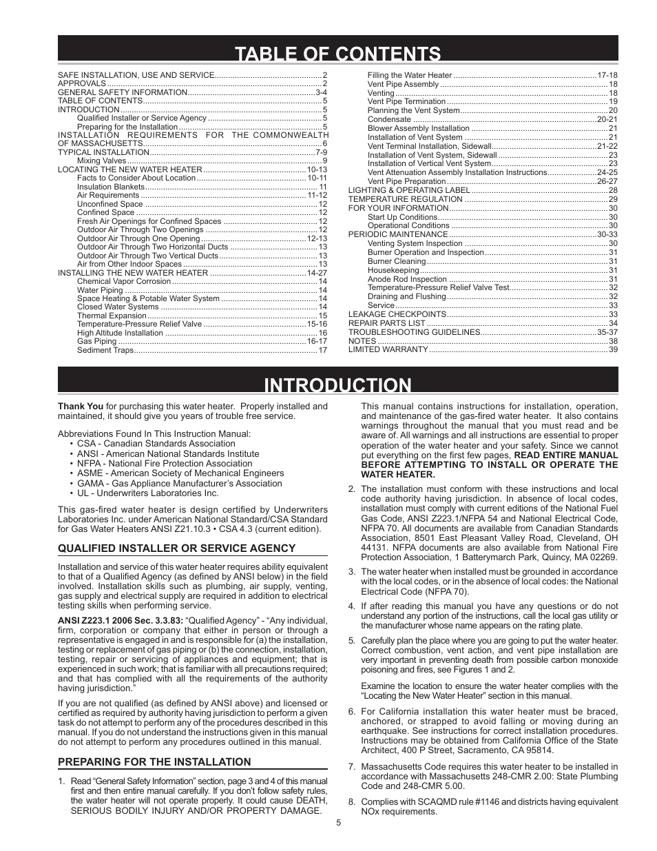 Introduction table of contents | State Industries 197425-004 User Manual | Page 5 / 40