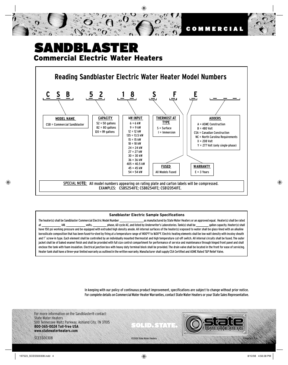 Sandblaster, C s b 5 2 1 8 s f e, Commercial electric water heaters | State Industries Sandblaster SCESS00308 User Manual | Page 4 / 4