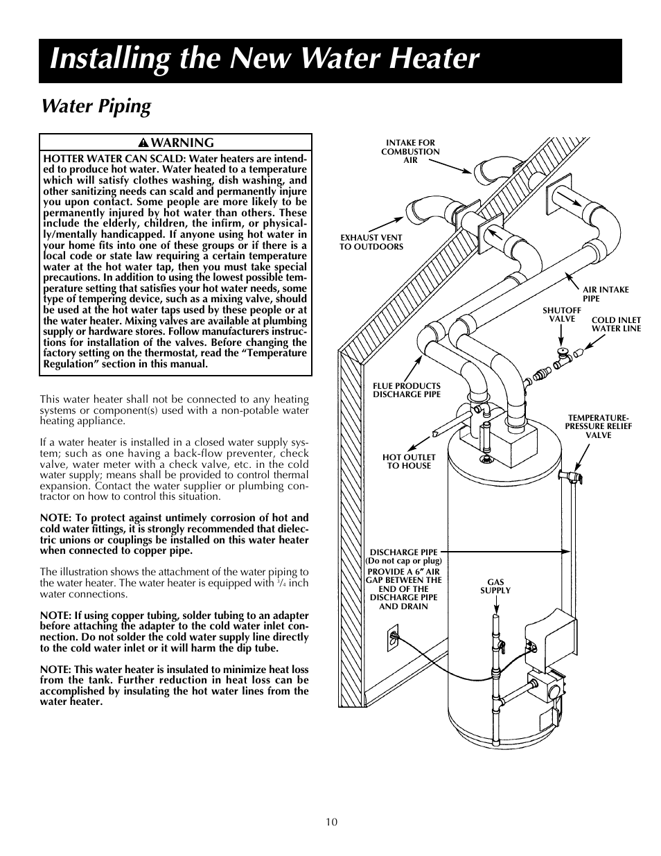 Installing the new water heater, Water piping, Warning | State SDV 75 70 NE/PE User Manual | Page 10 / 40