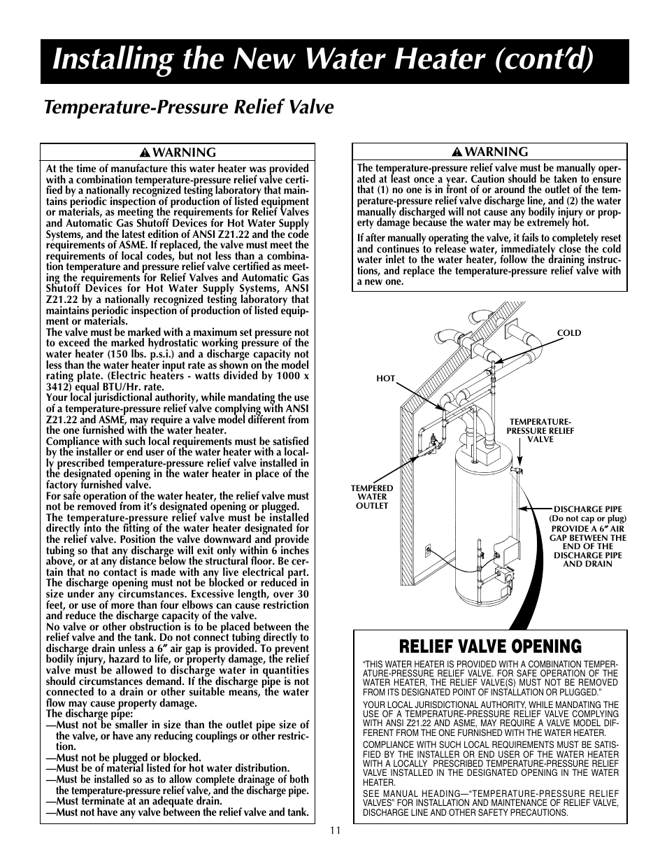 Installing the new water heater (cont’d), Temperature-pressure relief valve, Relief valve opening | State SDV 75 70 NE/PE User Manual | Page 11 / 40