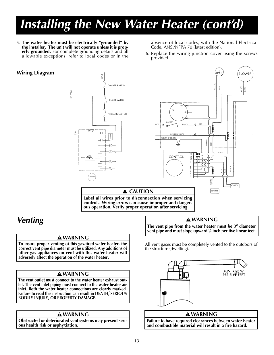 Installing the new water heater (cont’d), Venting, Wiring diagram | Warning, Caution, Inch per five linear feet | State SDV 75 70 NE/PE User Manual | Page 13 / 40