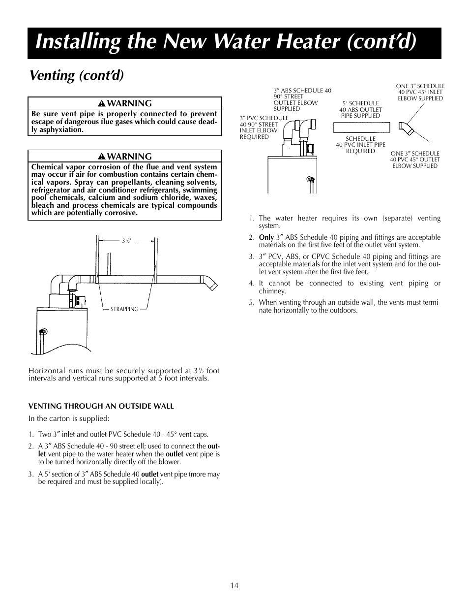 Installing the new water heater (cont’d), Venting (cont’d), Warning | State SDV 75 70 NE/PE User Manual | Page 14 / 40