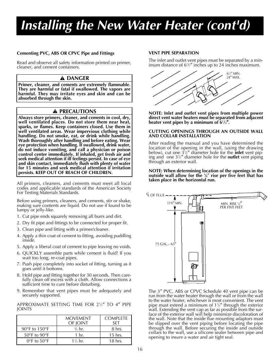 Installing the new water heater (cont'd), Precautions, Danger | State SDV 75 70 NE/PE User Manual | Page 16 / 40