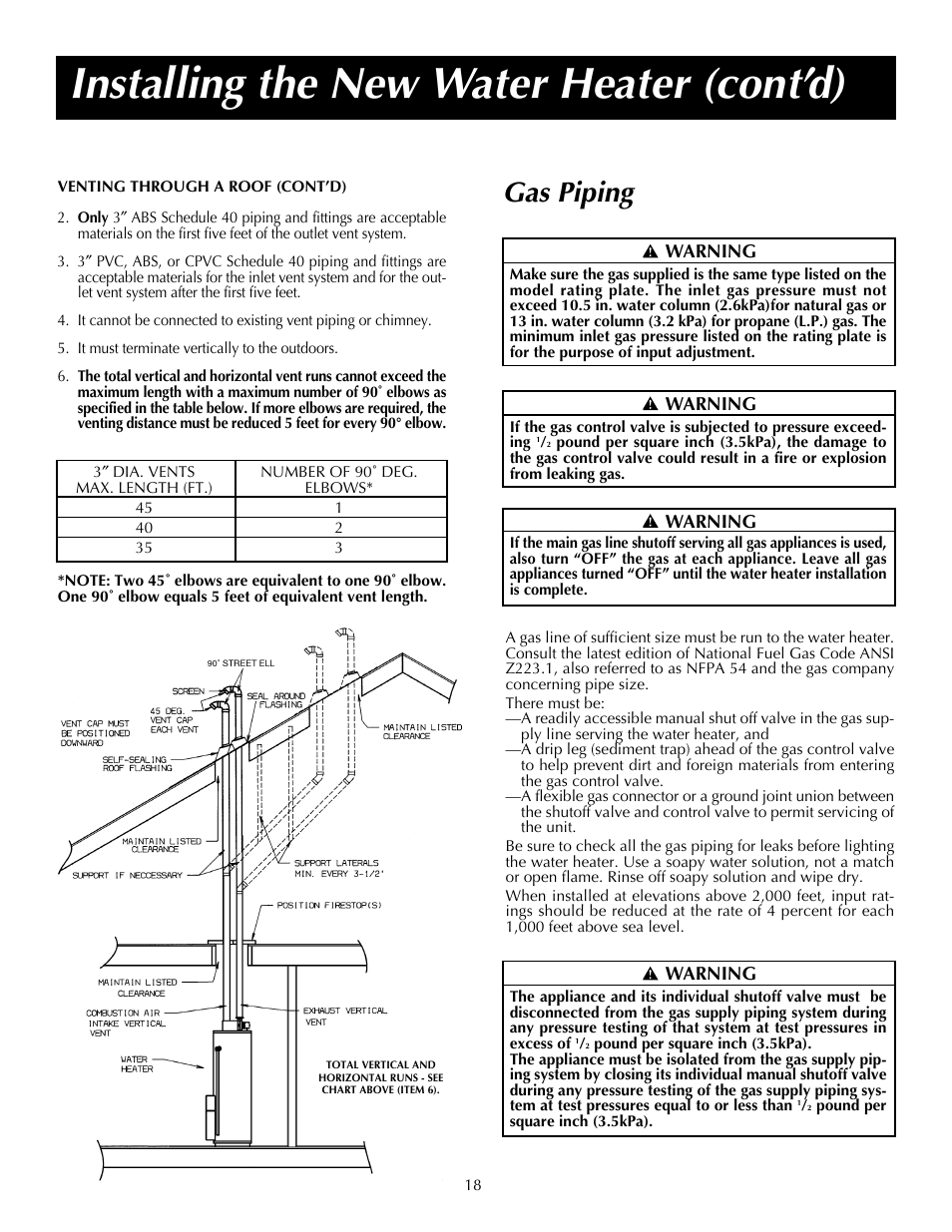 Installing the new water heater (cont’d), Gas piping | State SDV 75 70 NE/PE User Manual | Page 18 / 40