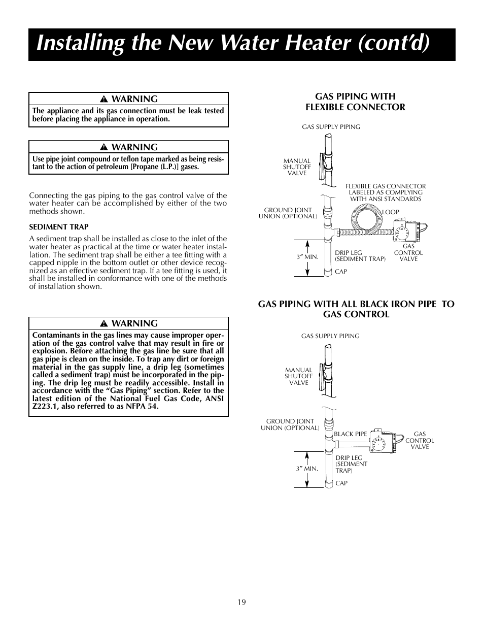 Installing the new water heater (cont’d), Warning | State SDV 75 70 NE/PE User Manual | Page 19 / 40