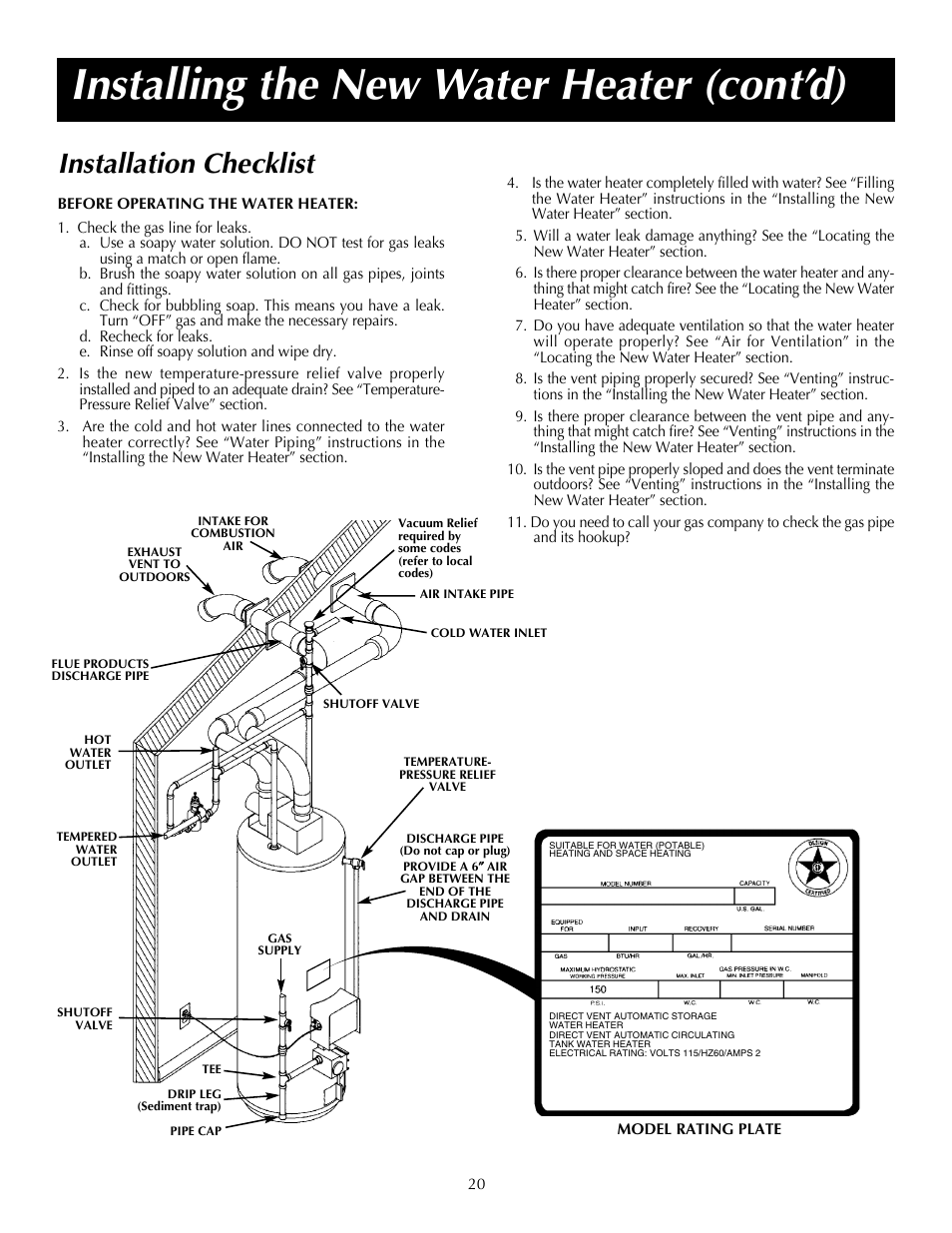 Installing the new water heater (cont’d), Installation checklist | State SDV 75 70 NE/PE User Manual | Page 20 / 40