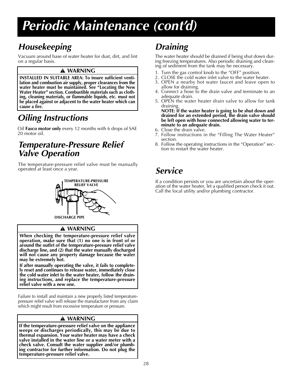 Periodic maintenance (cont’d), Service, Draining | Temperature-pressure relief valve operation, Housekeeping, Oiling instructions | State SDV 75 70 NE/PE User Manual | Page 28 / 40
