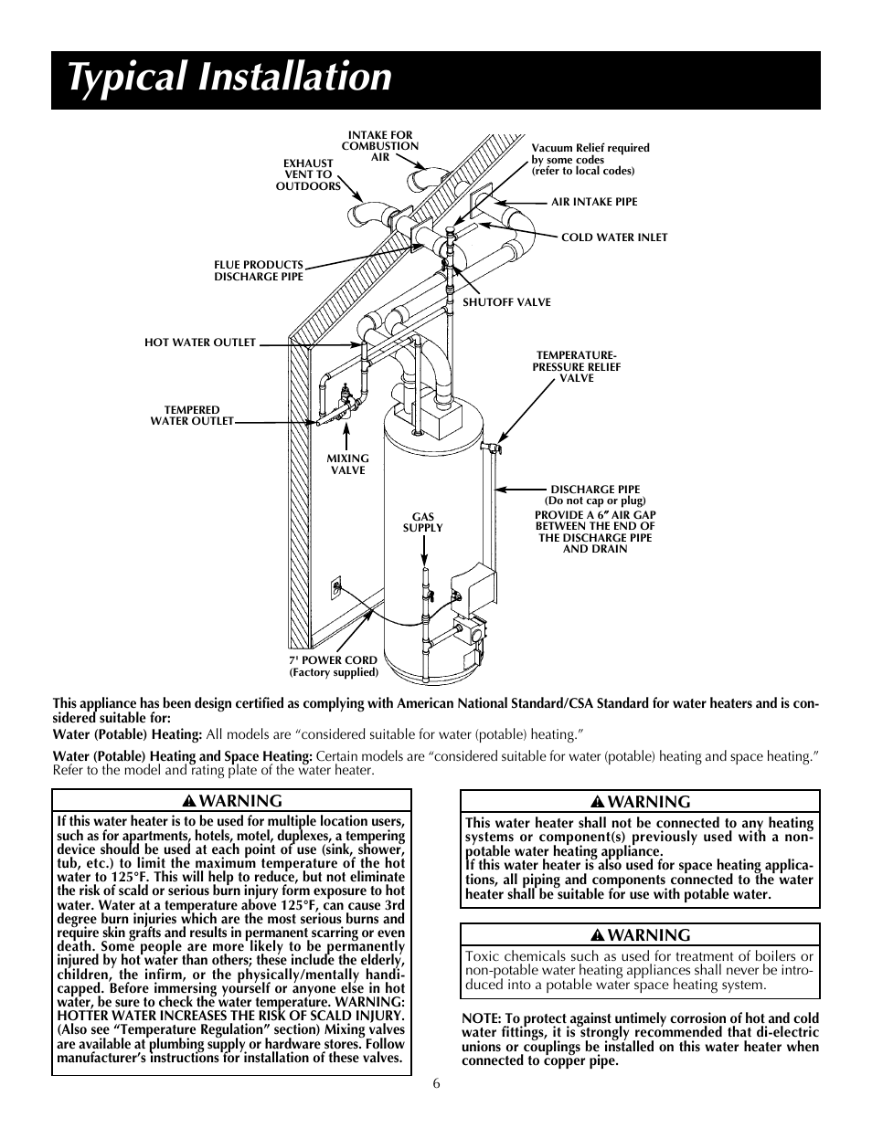 Typical installation, Warning | State SDV 75 70 NE/PE User Manual | Page 6 / 40