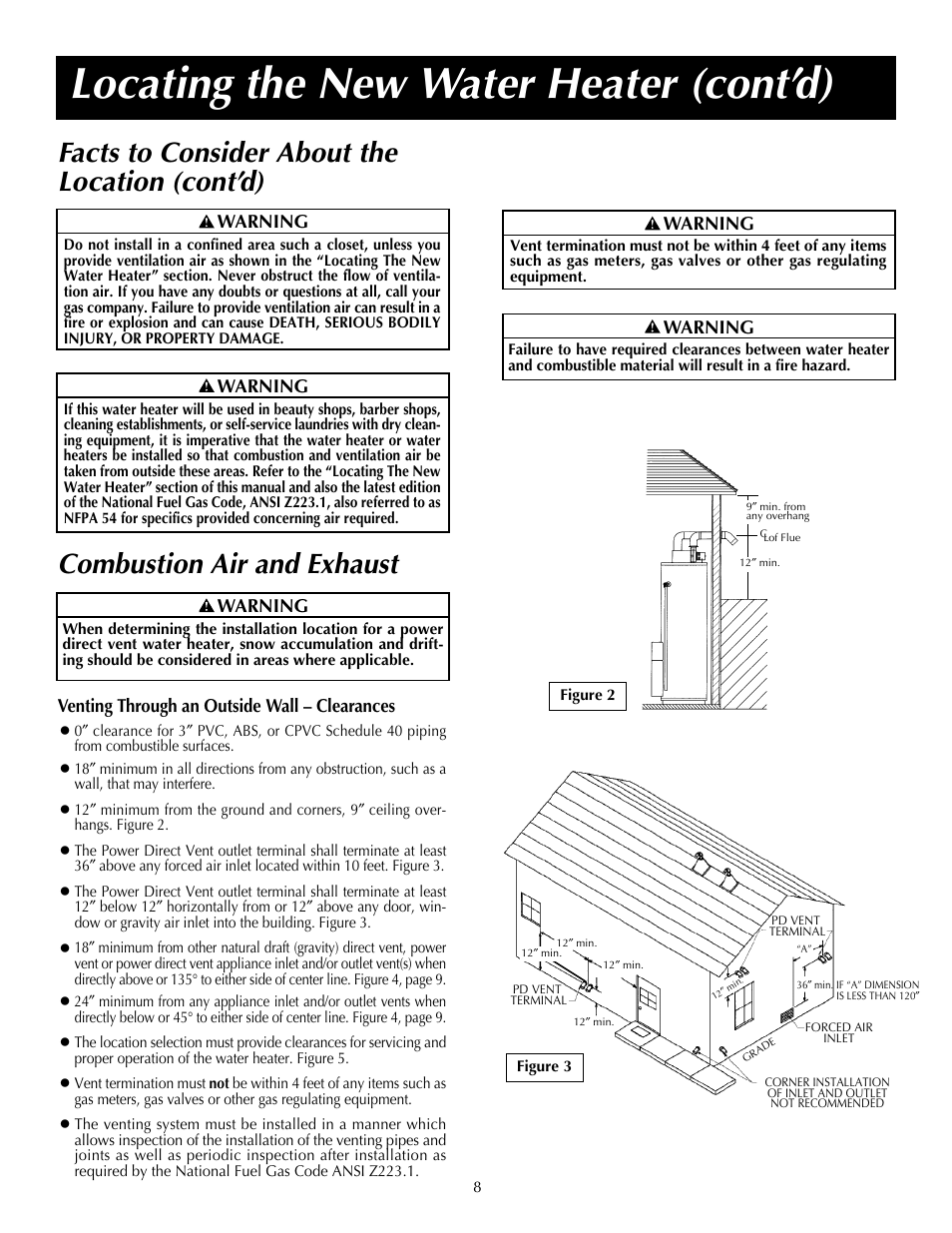 Locating the new water heater (cont’d), Combustion air and exhaust, Facts to consider about the location (cont’d) | State SDV 75 70 NE/PE User Manual | Page 8 / 40