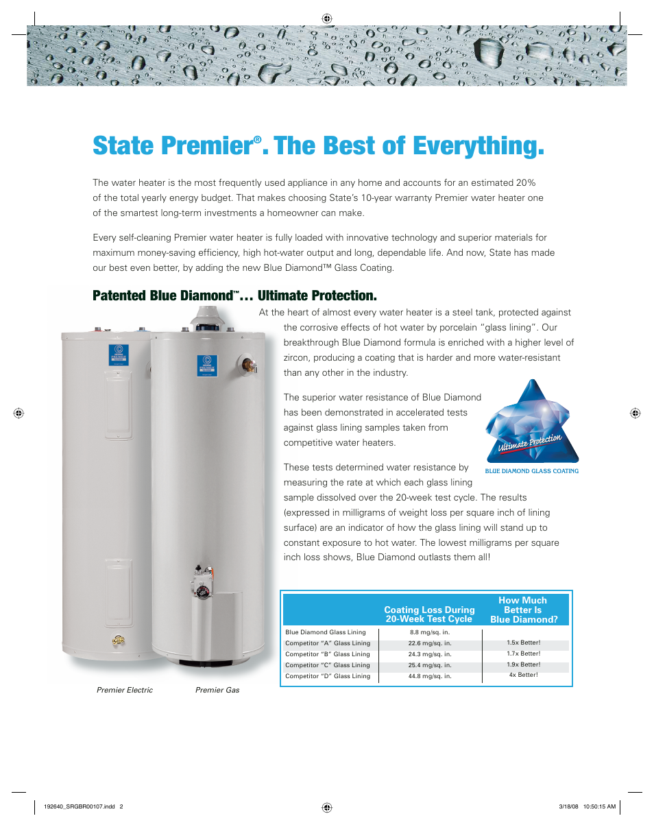 State premier, The best of everything, Patented blue diamond | Ultimate protection | State Industries Premier Residential Water Heaters User Manual | Page 2 / 4