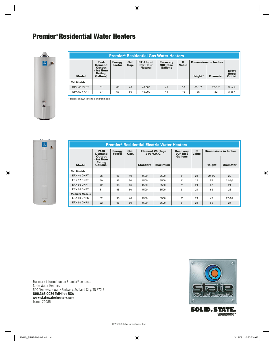 Residential water heaters, Premier, Residential gas water heaters | Residential electric water heaters, For more information on premier | State Industries Premier Residential Water Heaters User Manual | Page 4 / 4