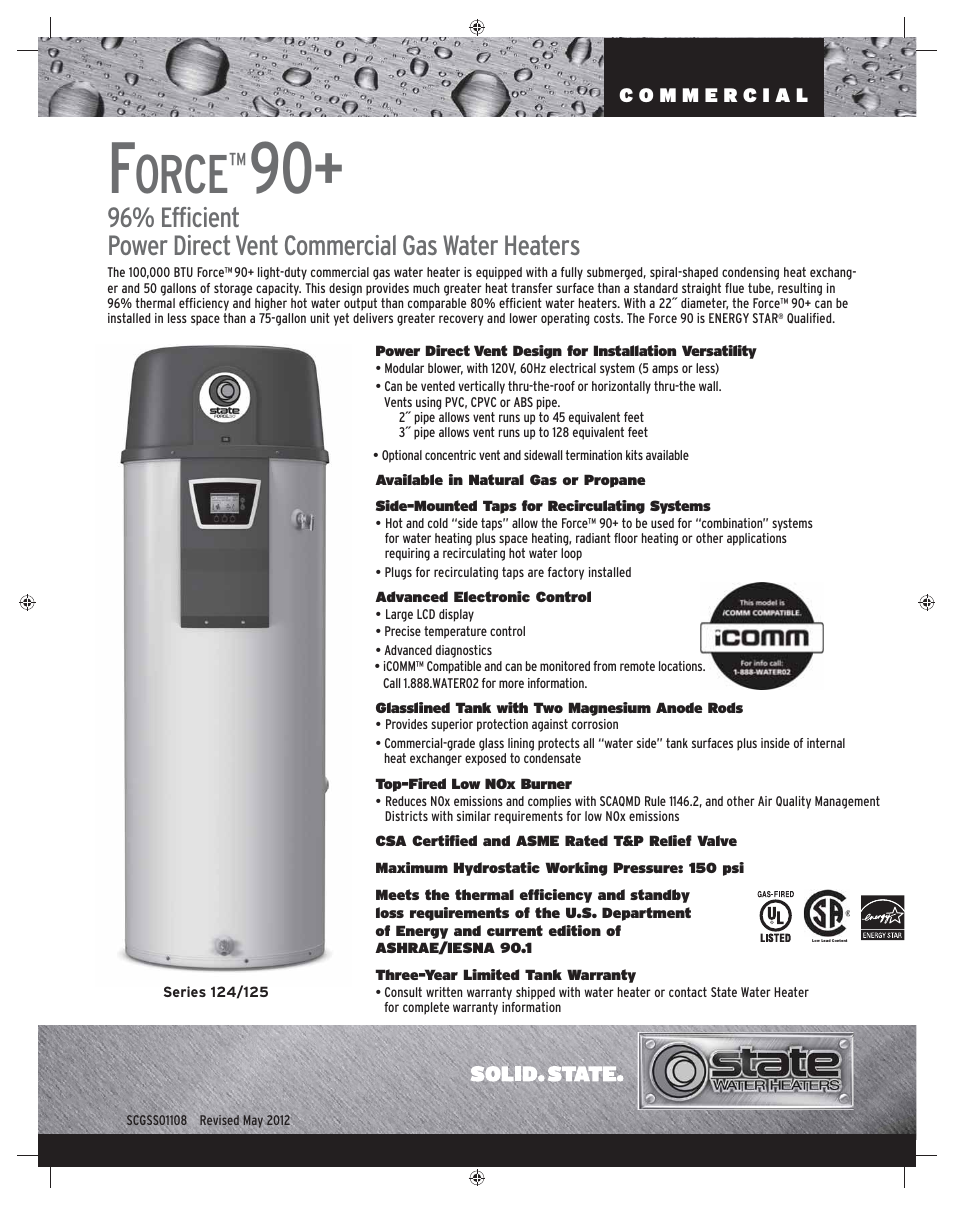 State Industries Force 90+ SCGSS01108 User Manual | 2 pages