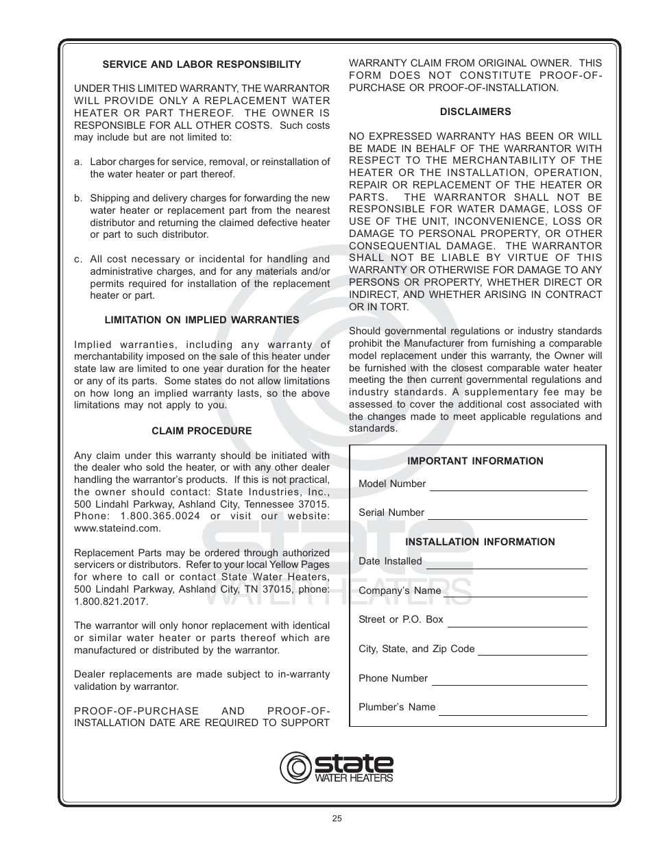State Industries 184671-000 Rear User Manual | Page 2 / 2