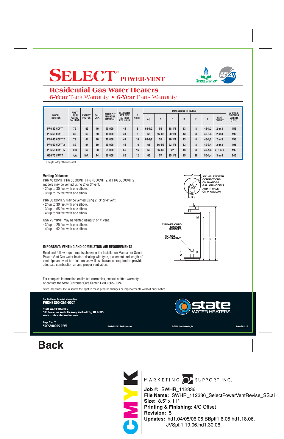 Cm y k, Elect, Back | Residential gas water heaters, Power-vent, Year tank warranty • 6-year parts warranty | State Industries 200 Series User Manual | Page 2 / 2
