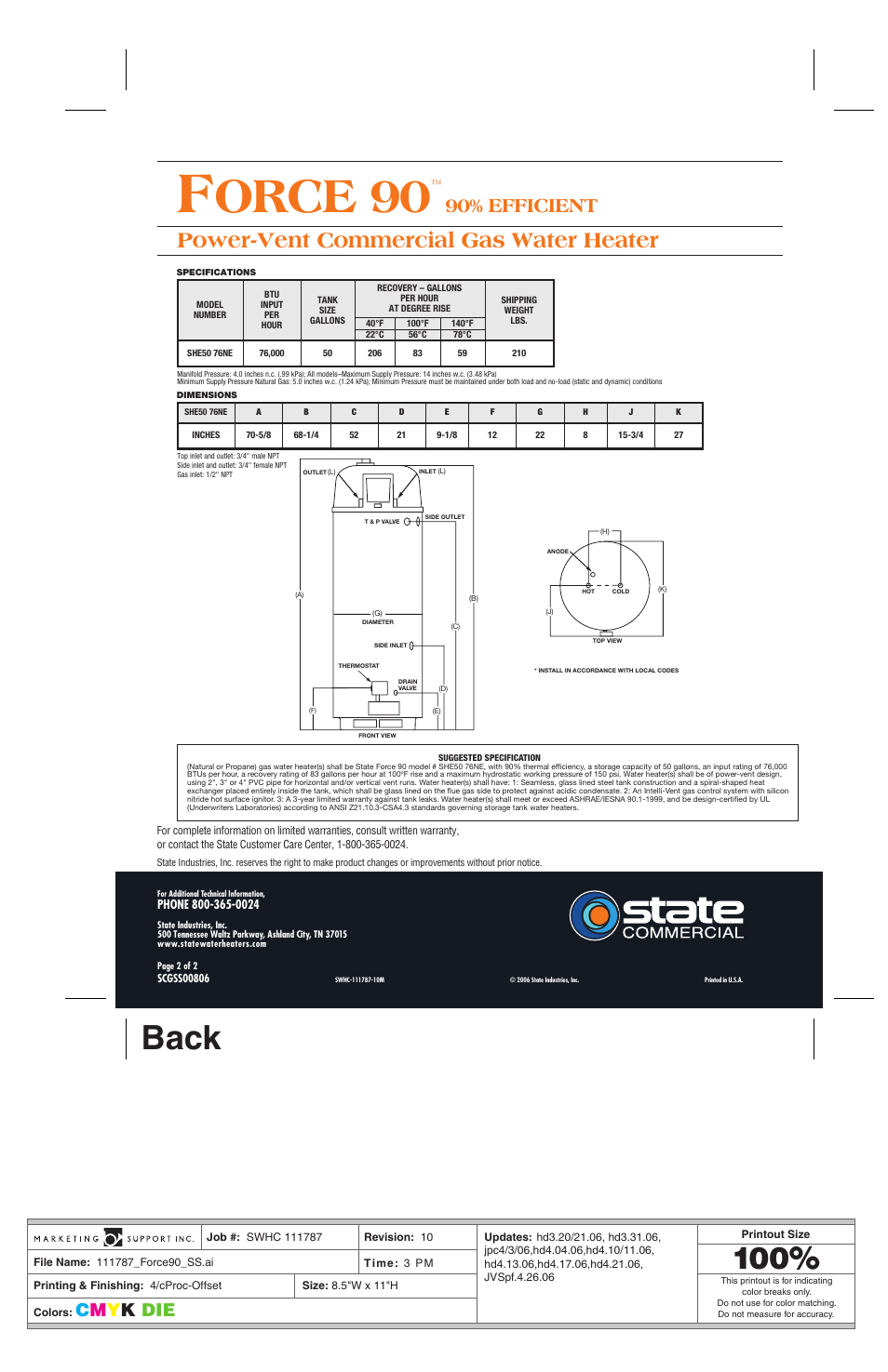 Orce 90, Back, Power-vent commercial gas water heater | 90% efficient, Cm y k die | State Industries FORCE 90TM User Manual | Page 2 / 2