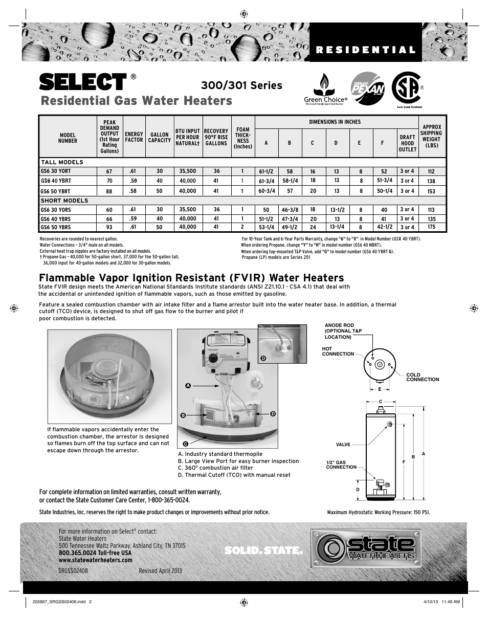 Select, Residential gas water heaters | State Industries 201 Series User Manual | Page 2 / 2