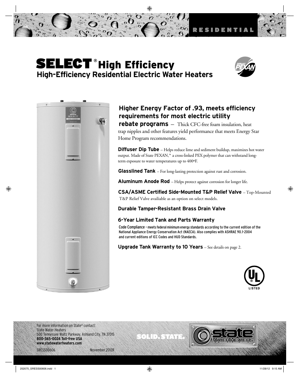 State Industries PREMIER Residential Electric Water Heaters User Manual | 2 pages