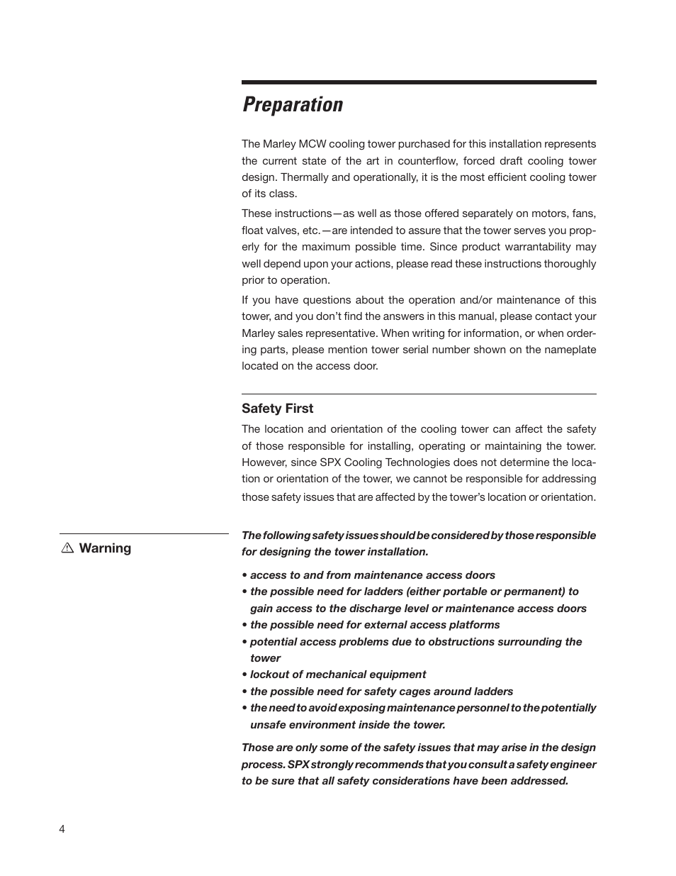 Preparation | SPX Cooling Technologies CoolingTower Marley MCW User Manual | Page 4 / 28