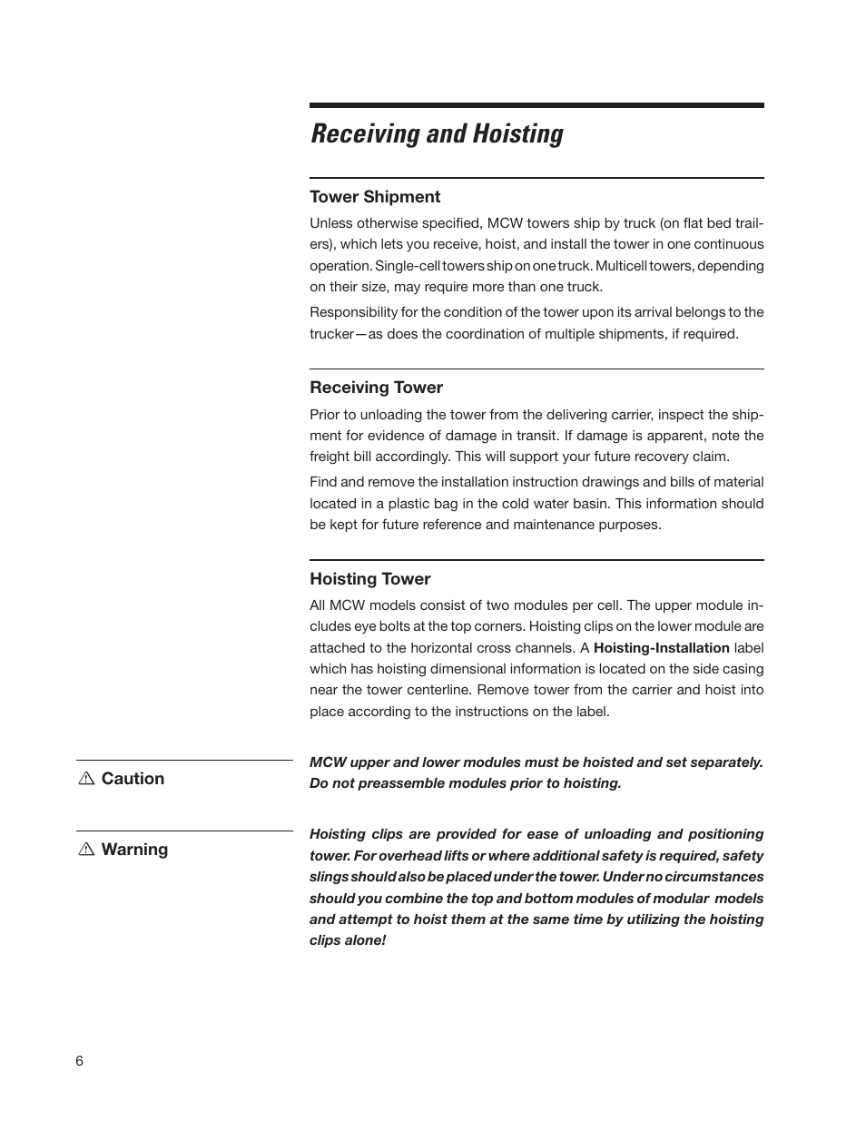 Receiving and hoisting | SPX Cooling Technologies CoolingTower Marley MCW User Manual | Page 6 / 28