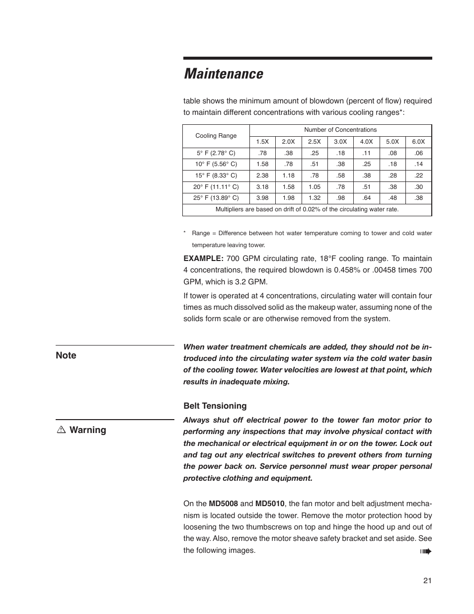 Maintenance, Belt tensioning | SPX Cooling Technologies Cooling Tower Marley MD User Manual | Page 21 / 40