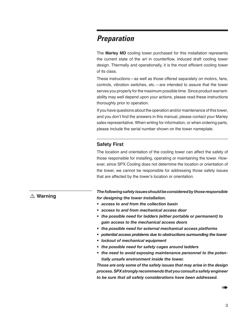 Preparation | SPX Cooling Technologies Cooling Tower Marley MD User Manual | Page 3 / 40