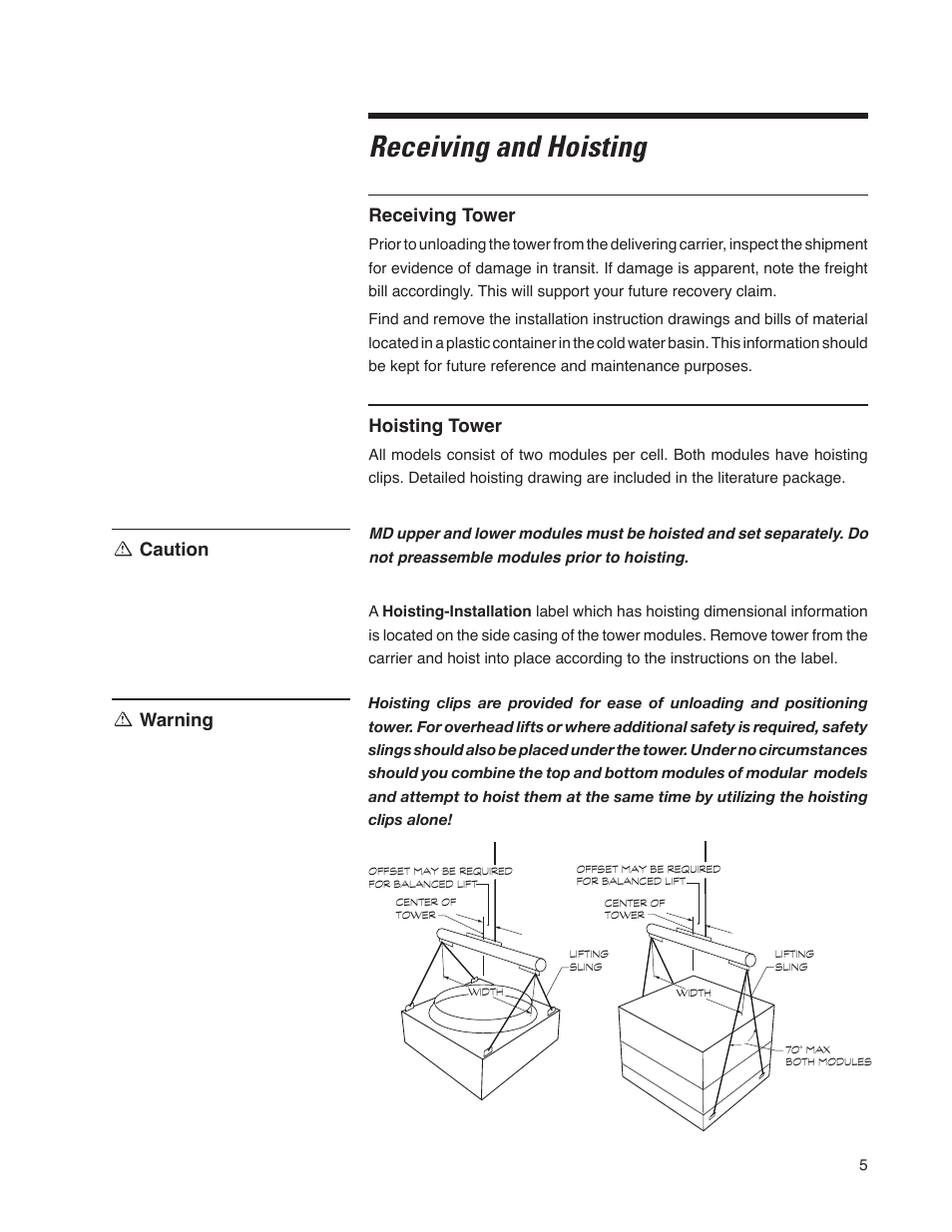 Receiving and hoisting, Receiving tower, Hoisting tower | Warning, Caution | SPX Cooling Technologies Cooling Tower Marley MD User Manual | Page 5 / 40