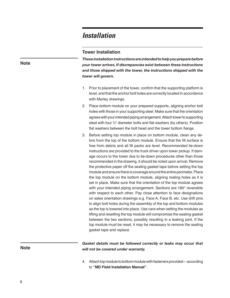 Installation | SPX Cooling Technologies Cooling Tower Marley MD User Manual | Page 6 / 40
