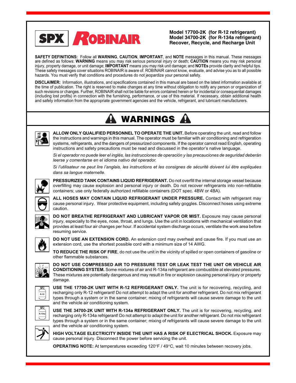 Warnings | SPX Cooling Technologies ROBINAIR 17700-2K User Manual | Page 2 / 32