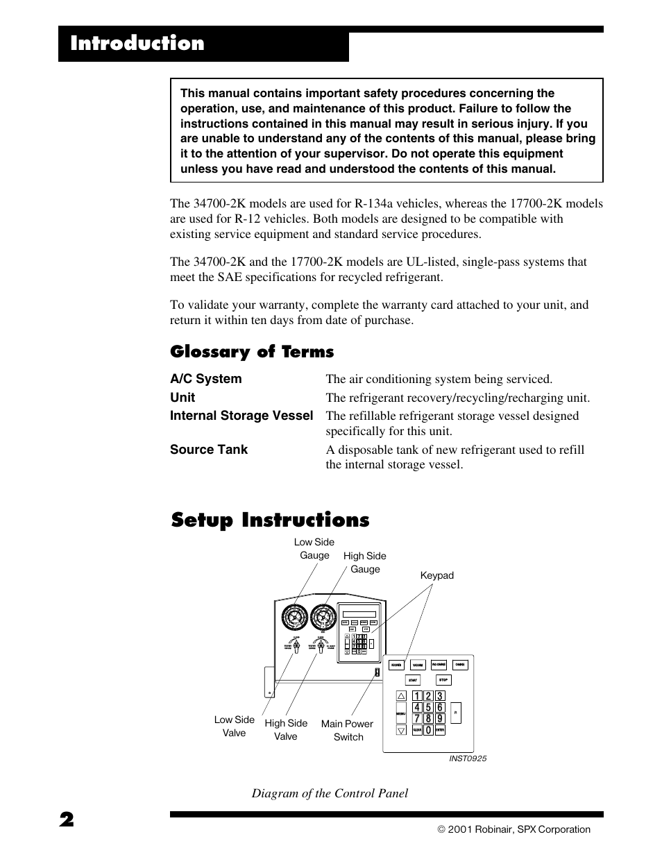 Introduction, Setup instructions, Glossary of terms | Diagram of the control panel | SPX Cooling Technologies ROBINAIR 17700-2K User Manual | Page 4 / 32