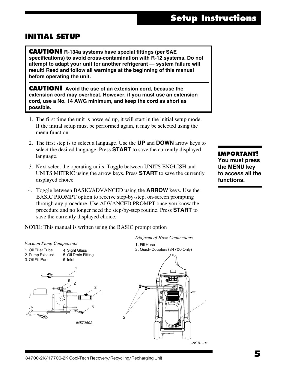 Setup instructions, Initial setup | SPX Cooling Technologies ROBINAIR 17700-2K User Manual | Page 7 / 32