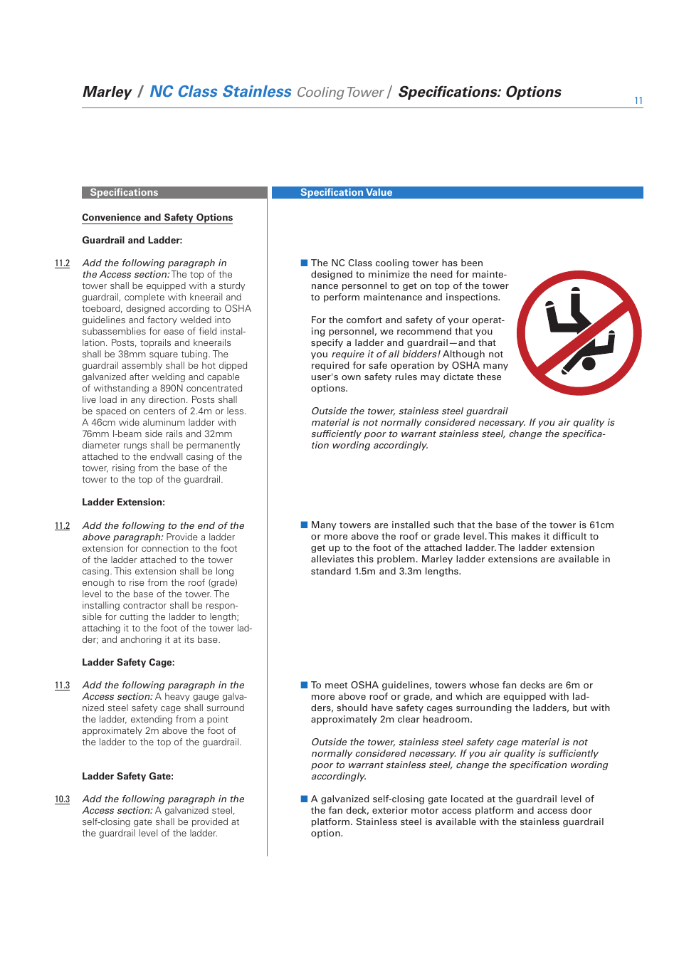 Nc class stainless, Marley, Specifications: options | Cooling tower | SPX Cooling Technologies SS-NC-08A User Manual | Page 11 / 24