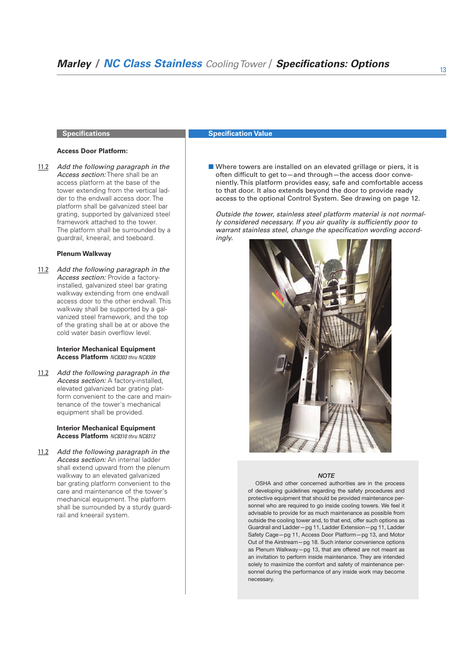 Nc class stainless, Marley, Specifications: options | Cooling tower | SPX Cooling Technologies SS-NC-08A User Manual | Page 13 / 24