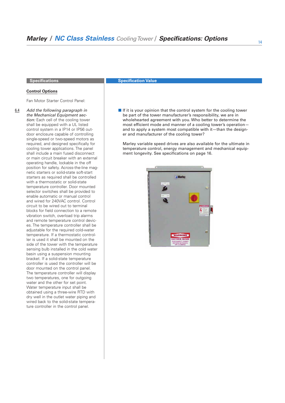 Nc class stainless, Marley, Specifications: options | Cooling tower | SPX Cooling Technologies SS-NC-08A User Manual | Page 14 / 24