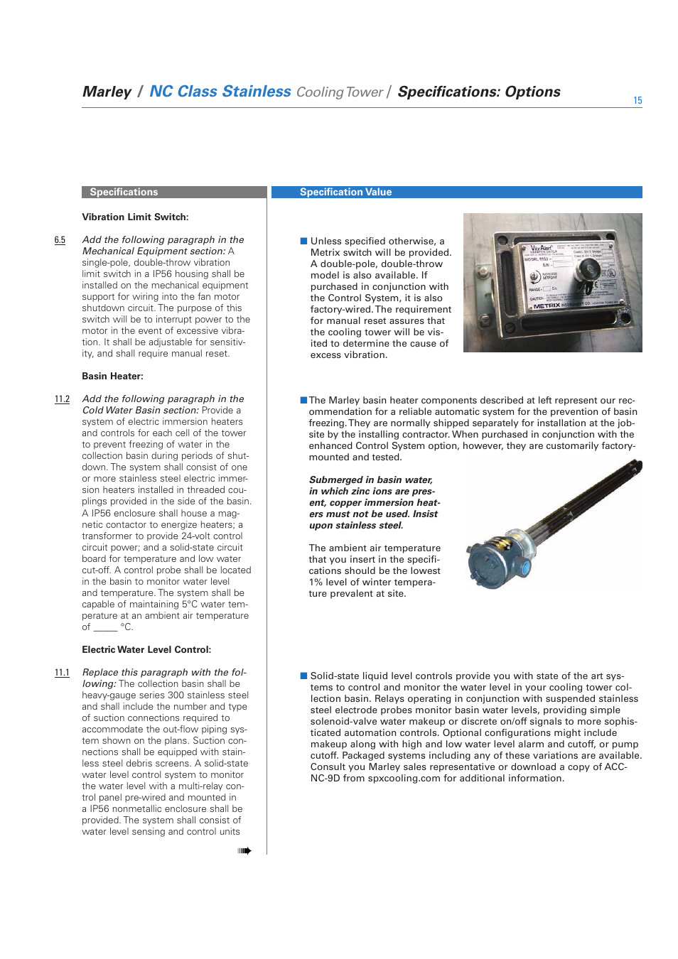 Nc class stainless, Marley, Specifications: options | Cooling tower | SPX Cooling Technologies SS-NC-08A User Manual | Page 15 / 24