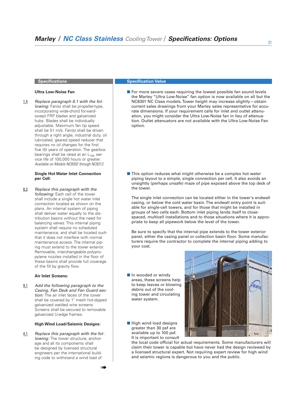 Nc class stainless, Marley, Specifications: options | Cooling tower | SPX Cooling Technologies SS-NC-08A User Manual | Page 21 / 24