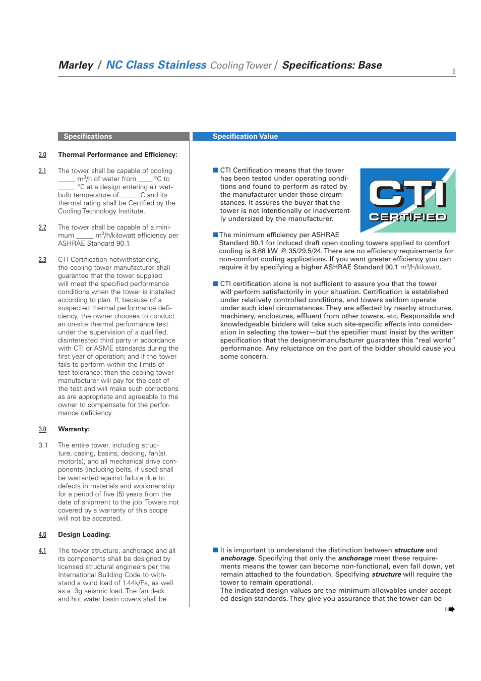 Nc class stainless, Marley, Specifications: base | Cooling tower | SPX Cooling Technologies SS-NC-08A User Manual | Page 5 / 24