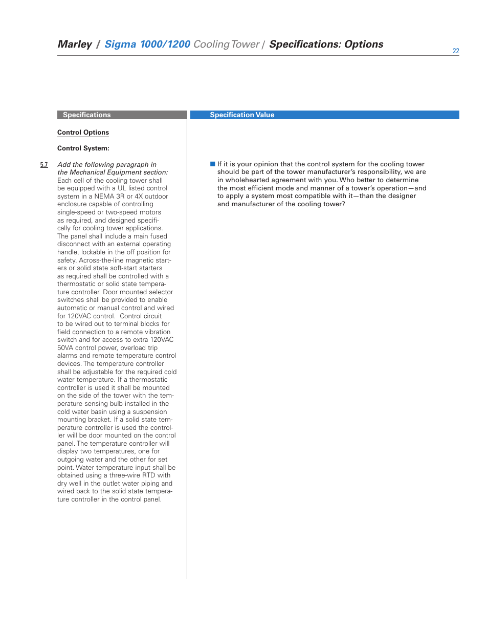 Marley, Specifications: options | SPX Cooling Technologies 1000 User Manual | Page 22 / 32